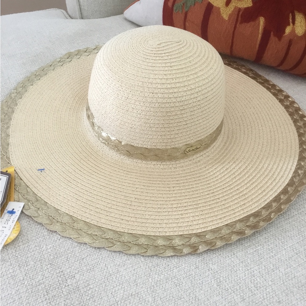 Chic Beige Sun Hat with Gold Trim